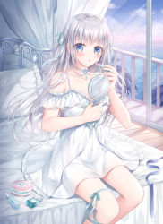 Rule 34 | 1girl, :o, bare shoulders, blue eyes, blue ribbon, blue sky, blush, cloud, collarbone, commentary request, cosmetics, dress, feet out of frame, frilled dress, frills, grey hair, hair ribbon, hand mirror, highres, holding, holding lipstick tube, holding mirror, horizon, indoors, kohinata hoshimi, lipstick tube, long hair, looking at viewer, mirror, ocean, off-shoulder dress, off shoulder, on bed, original, parted lips, ribbon, sitting, sky, solo, sunrise, very long hair, water, white dress, window