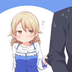 Rule 34 | 1girl, :t, bad id, bad pixiv id, black jacket, blue background, blue dress, blush, brown eyes, closed mouth, clothes grab, dress, formal, hair between eyes, idolmaster, idolmaster cinderella girls, jacket, light brown hair, long hair, long sleeves, morikubo nono, pout, ringlets, shirt, sleeve grab, sleeveless, sleeveless dress, solo focus, suit, sweat, translation request, two-tone background, uccow, white background, white shirt