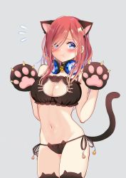 Rule 34 | 1girl, animal ears, animal hands, bell, black bra, black panties, black thighhighs, blue eyes, bra, breasts, cat ears, cat lingerie, cat paws, cat tail, choker, cleavage, cleavage cutout, closed mouth, clothing cutout, flying sweatdrops, go-toubun no hanayome, hair over one eye, headphones, highres, large breasts, long hair, looking at viewer, meme attire, nakano miku, navel, neck bell, panties, piyopoyo, pout, pouty lips, red hair, side-tie panties, solo, swept bangs, tail, thighhighs, underwear