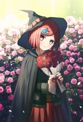 Rule 34 | 1girl, bob cut, brown eyes, cape, closed mouth, commentary, danganronpa (series), flower, hair ornament, hairclip, hat, holding, holding flower, jacket, long sleeves, looking at viewer, danganronpa v3: killing harmony, pink flower, red flower, red hair, red rose, red skirt, rose, school uniform, short hair, skirt, smile, solo, ssumbi, witch hat, yumeno himiko