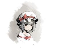 Rule 34 | 1girl, baiguiyu, bow, brown eyes, commentary, grey hair, hair bow, hat, highres, looking at viewer, mob cap, neck ribbon, parted lips, pointy ears, portrait, red bow, red ribbon, remilia scarlet, ribbon, solo, symbol-only commentary, touhou, white hat