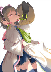 Rule 34 | 2girls, absurdres, animal ear headphones, animal ears, black skirt, black thighhighs, blonde hair, blue archive, bow, cat ear headphones, child, child on child, collared shirt, commentary request, fake animal ears, green bow, hair bow, headphones, highres, hood, hood down, hooded jacket, incest, jacket, kiss, long sleeves, midori (blue archive), momoi (blue archive), multiple girls, pink bow, pink eyes, shiratama mochi, shirt, siblings, simple background, sisters, skirt, thighhighs, white background, white jacket, white shirt, wide sleeves, yuri