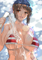 Rule 34 | 1girl, bikini, breasts, brown eyes, brown hair, collarbone, commentary request, highres, huge breasts, looking at viewer, matching hair/eyes, number pun, open mouth, original, ran&#039;ou (tamago no kimi), shower head, smile, solo, striped bikini, striped clothes, swimsuit, wet