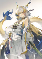 Rule 34 | 1girl, absurdres, antlers, arknights, bare shoulders, blonde hair, blue eyes, blue hair, breasts, dangle earrings, dragon girl, dragon tail, earrings, hand on own hip, highres, holding, holding sword, holding weapon, horns, jacket, jewelry, light smile, long hair, looking at viewer, madao, multicolored hair, off shoulder, pants, pointy ears, shirt, shu (arknights), solo, standing, strapless, strapless shirt, sword, tail, very long hair, weapon, white hair, white jacket, white pants, white shirt