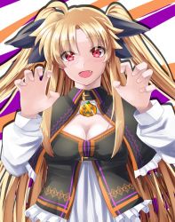 Rule 34 | 1girl, alternate costume, belt, black bow, blonde hair, blush, bow, breasts, capelet, claw pose, cleavage, cleavage cutout, clothing cutout, diagonal stripes, fang, fate testarossa, hair bow, jack-o&#039;-lantern, lace, lace-trimmed capelet, lace-trimmed shirt, lace trim, long hair, lyrical nanoha, mahou shoujo lyrical nanoha strikers, medium breasts, red eyes, shirt, smile, solo, sougetsu izuki, striped, tongue, twintails, very long hair, white background, white shirt