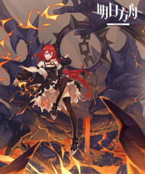 Rule 34 | 1girl, absurdres, arknights, black thighhighs, copyright name, demon, demon girl, demon horns, detached collar, dress, hidor, highres, horns, infection monitor (arknights), jacket, long hair, looking at viewer, lava, purple eyes, red hair, slit pupils, solo, surtr (arknights), thighhighs