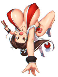 Rule 34 | 1girl, black socks, bouncing breasts, breasts, brown eyes, brown hair, collarbone, covered erect nipples, fatal fury, highres, huge breasts, japanese clothes, legs, long hair, nestkeeper, open mouth, parted bangs, shiranui mai, simple background, socks, solo, teeth, the king of fighters, tongue, upper teeth only, white background, wristband