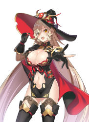 Rule 34 | 1girl, :d, black cape, black dress, black footwear, black gloves, black thighhighs, blonde hair, boots, bra, bra peek, breasts, cape, cleavage, clothing cutout, commentary, cowboy shot, dress, fang, gloves, hair between eyes, hand up, hat, highres, large breasts, long hair, looking at viewer, multicolored cape, multicolored clothes, navel, navel cutout, nijisanji, nui sociere, nui sociere (1st costume), nyoro (nyoronyoro000), open mouth, outstretched arm, partially fingerless gloves, red cape, sidelocks, simple background, single bare shoulder, skindentation, sleeveless, sleeveless dress, smile, solo, standing, thigh boots, thighhighs, torn clothes, torn hat, underbust, underwear, very long hair, virtual youtuber, white background, witch hat, yellow bra, yellow eyes