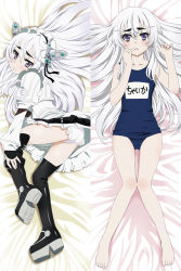 Rule 34 | 10s, 1girl, barefoot, bed sheet, boots, butterfly hair ornament, chaika trabant, dakimakura (medium), eyebrows, full body, hair ornament, hitsugi no chaika, knees together feet apart, long hair, long legs, lying, multiple views, name tag, on back, on side, one-piece swimsuit, panties, platform footwear, purple eyes, school swimsuit, swimsuit, thigh boots, thigh gap, thighhighs, underwear, white hair