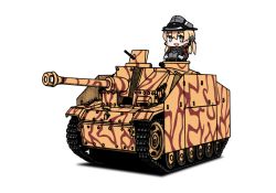 Rule 34 | 1girl, :d, anchor hair ornament, bad id, bad pixiv id, blonde hair, blue eyes, blush, chibi, commentary request, hair ornament, hat, iiyatsu (stormtrooperh), kantai collection, military, military vehicle, motor vehicle, open mouth, peaked cap, prinz eugen (kancolle), simple background, smile, solo, sturmgeschutz iii, tank, white background