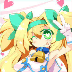 Rule 34 | 1girl, :p, arc system works, armpits, blazblue, blazblue: continuum shift, blonde hair, bow, gloves, green eyes, hair bow, heart, long hair, one eye closed, platinum the trinity, quad tails, shirogane (platinum), solo, tongue, tongue out, twintails, two side up, v, white gloves, wink