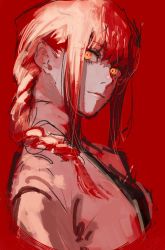 Rule 34 | 1girl, @ @, black necktie, braid, braided ponytail, chainsaw man, collared shirt, highres, long hair, makima (chainsaw man), momota ro5555, necktie, red background, red hair, red theme, ringed eyes, shirt, simple background, single braid, smile, solo, white shirt
