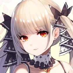Rule 34 | 1girl, akanagi youto, azur lane, bare shoulders, black ribbon, blonde hair, blush, bridal gauntlets, close-up, collarbone, commentary request, earrings, formidable (azur lane), frills, hair ornament, hair ribbon, jewelry, long hair, looking at viewer, parted lips, red eyes, ribbon, sidelocks, smile, solo, stud earrings, twintails, very long hair
