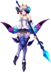 Rule 34 | 1girl, armor, armored dress, bare shoulders, dress, flower, fujirin, gwendolyn (odin sphere), hair flower, hair ornament, leg wings, low wings, multicolored wings, odin sphere, polearm, pteruges, purple eyes, solo, spear, strapless, strapless dress, thighhighs, valkyrie, weapon, white hair, wings, zettai ryouiki