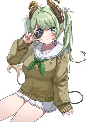 Rule 34 | 1girl, :&lt;, absurdres, ahoge, alternate costume, alternate hairstyle, blue eyes, blush, bow, breasts, brown cardigan, brown horns, cardigan, closed mouth, commentary request, cowboy shot, curled horns, demon girl, demon horns, demon tail, expressionless, eyepatch, fingernails, green neckerchief, hair bow, highres, horns, large breasts, long hair, looking at viewer, medium bangs, miniskirt, nanashi inc., neckerchief, pleated skirt, sailor collar, sekishiro mico, shirt, simple background, sitting, skirt, sleeves past wrists, tail, tamotsu (mary), twintails, v over eye, virtual youtuber, white background, white bow, white sailor collar, white shirt, white skirt