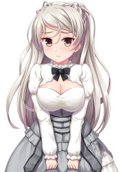 Rule 34 | 1girl, absurdres, blush, breasts, brown eyes, cleavage, cleavage cutout, closed mouth, clothing cutout, conte di cavour (kancolle), dress, frilled dress, frills, grey hair, highres, kantai collection, large breasts, layered dress, long hair, long sleeves, ruin re birth, simple background, solo, white background, white dress