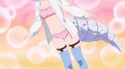 Rule 34 | 1girl, ahoge, animated, animated gif, blue eyes, blue hair, blue thighhighs, bra, collarbone, drill hair, fa (rpg fudousan), flat chest, long sleeves, looking at viewer, navel, open clothes, open shirt, panties, pink bra, pink panties, rpg fudousan, shirt, stomach, tail, thighhighs, thighs, underwear, white shirt