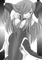 Rule 34 | 00s, 1girl, gradient background, greyscale, highres, izumi mahiru, monochrome, non-web source, solo, tales of (series), tales of the abyss, tear grants, thighhighs