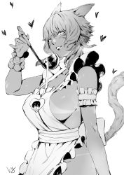 Rule 34 | 1girl, animal ears, apron, arm garter, bad id, bad pixiv id, blush, breasts, cat ears, cat tail, facial mark, final fantasy, final fantasy xiv, from side, greyscale, hand up, heart, highres, holding, ladle, large breasts, liangjushuang, looking at viewer, looking to the side, miqo&#039;te, mole, mole on breast, monochrome, naked apron, parted lips, short hair, sideboob, signature, simple background, smile, solo, standing, tail, tan, tanline, whisker markings, white background, wristband, y&#039;shtola rhul