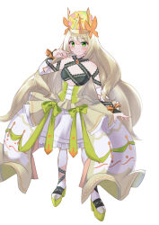 Rule 34 | 1girl, bare shoulders, blonde hair, blush, bow, butterfly hair ornament, celine (fire emblem), crown, detached sleeves, dress, fire emblem, fire emblem engage, flat chest, flower, full body, green bow, green eyes, hair flower, hair ornament, highres, long hair, looking at viewer, nintendo, orange bow, rital, smile, solo, very long hair, white background, wrist bow