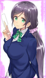 Rule 34 | 10s, 1girl, between fingers, blazer, bow, bowtie, breasts, card, card between fingers, green bow, green bowtie, green eyes, holding, isshiki (ffmania7), jacket, large breasts, long hair, long sleeves, looking at viewer, love live!, love live! school idol project, purple hair, school uniform, scrunchie, smile, solo, striped bow, striped bowtie, striped clothes, striped neckwear, tojo nozomi, twintails, twitter username