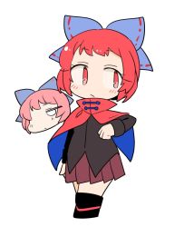 Rule 34 | 1girl, black footwear, black shirt, blue bow, blush, boots, bow, brown skirt, cloak, closed mouth, full body, hair bow, ini (inunabe00), long sleeves, pleated skirt, red cloak, red eyes, red hair, sekibanki, shirt, short hair, simple background, skirt, solo, touhou, white background