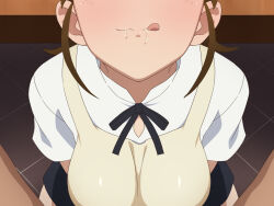 Rule 34 | 1girl, apron, black ribbon, blush, breasts, brown hair, closed mouth, cum, cum in mouth, embarrassed, floor, from above, gokkun, high ponytail, highres, indoors, large breasts, legs, licking, licking lips, long hair, pov, ribbon, sitting, skirt, smile, table, taneshima popura, tedain, thighs, tongue, tongue out, under table, upper body, working!!