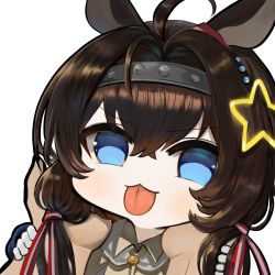 Rule 34 | 1girl, :3, animal ears, black hairband, blue eyes, brown hair, close-up, commentary request, dokomon, grace (kor) (racehorse), hairband, highres, horse ears, horse girl, korean commentary, long hair, real life, simple background, solo, tongue, tongue out, umamusume, upper body, white background