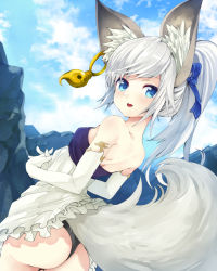 Rule 34 | 1girl, animal ear fluff, animal ears, ass, bare back, bare shoulders, black panties, blade &amp; soul, blue eyes, clothes lift, cloud, day, dress, dress lift, earrings, elbow gloves, from behind, gloves, jewelry, lifting own clothes, long hair, looking back, lyn (blade &amp; soul), mountain, noa (nagareboshi), open mouth, outdoors, own hands together, panties, ponytail, ribbon, short dress, silver hair, single earring, sky, smile, solo, strapless, strapless dress, tail, underwear, upper body, white dress, white gloves, wolf ears, wolf tail