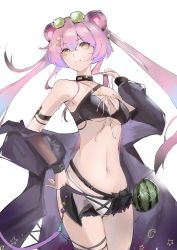 Rule 34 | 1girl, absurdres, animal ears, arknights, bare shoulders, bikini, black bikini, black choker, breasts, chinese commentary, choker, commentary request, cowboy shot, dongningbo zixishui, eyewear on head, food, fruit, hair between eyes, hand on own hip, hand up, highres, jacket, lin (arknights), long hair, looking at viewer, medium breasts, mouse ears, navel, off shoulder, official alternate costume, open clothes, open jacket, pink hair, purple jacket, solo, standing, stomach, sunglasses, swimsuit, thighs, twintails, very long hair, watermelon, yellow eyes