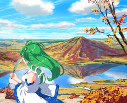 Rule 34 | 1girl, autumn leaves, blue sky, cloud, commentary request, day, detached sleeves, frog hair ornament, from side, gohei, green hair, hair ornament, hair tubes, holding, kochiya sanae, lake, long hair, long sleeves, looking away, mountain, outdoors, reflection, shirt, sky, snake hair ornament, solo, takuzui, touhou, tree, upper body, white shirt, wide sleeves