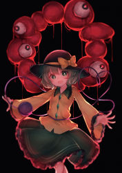 Rule 34 | 1girl, absurdres, arms at sides, black background, black headwear, blurry, blush, bow, bright pupils, buttons, collared shirt, commentary, cowboy shot, creature, dripping, eldritch abomination, expo2025, eyeball, fang, frilled skirt, frilled sleeves, frills, green eyes, green hair, green skirt, hair between eyes, hat, hat bow, hat ribbon, heart, heart of string, highres, horror (theme), huge filesize, komeiji koishi, long sleeves, looking at viewer, myaku-myaku, one eye closed, open hand, open mouth, outstretched arms, outstretched hand, ribbon, shirt, sidelocks, simple background, skin fang, skirt, string, third eye, touhou, uptwo, veins, vignetting, wavy hair, white pupils, wide sleeves, yellow bow, yellow ribbon, yellow shirt