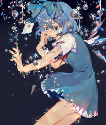 Rule 34 | 1girl, black background, blue eyes, blue hair, bow, bubble, christmas lights, cirno, crying, dress, eyelashes, hair bow, hand on own face, highres, ice, ice wings, letter, lights, looking down, neck ribbon, outstretched arm, ribbon, sad, shirt, short hair, sketch, snowflakes, solo, tears, tian (my dear), torn clothes, torn dress, torn shirt, torn sleeves, touhou, wings