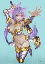 Rule 34 | 1girl, animal ears, ariverkao, armor, bikini, bikini armor, boots, breasts, dated, fox ears, fox tail, gauntlets, large breasts, low twintails, metal bikini, armored boots, navel, original, petals, purple eyes, purple hair, signature, solo, swimsuit, sword, tail, thigh boots, thighhighs, twintails, weapon