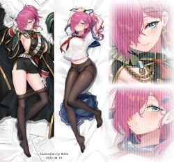 Rule 34 | 1girl, aiguillette, arm up, armpits, arms up, artist name, azur lane, bed sheet, billie (meng gong fang), black coat, black pantyhose, black sleeves, blouse, blue ribbon, blue sailor collar, blue skirt, blush, breasts, clothes pull, coat, commentary request, dakimakura (medium), dated, earrings, epaulettes, eyes visible through hair, full body, gloves, green eyes, hair between eyes, hair ornament, hair over one eye, hairclip, holding, holding pen, jewelry, large breasts, long hair, looking at viewer, lying, military, military uniform, miniskirt, mole, mole on body, mole under eye, multiple views, neckerchief, no shoes, official alternate costume, on back, panties, panties under pantyhose, pantyhose, pantyhose pull, paper, pen, pink hair, pleated skirt, ponytail, red neckerchief, ribbon, sailor collar, school uniform, shadow, shirt, shirt overhang, short sleeves, shrug (clothing), sideboob, sidelocks, skirt, unworn skirt, smartwatch, smile, tabard, thighband pantyhose, trieste (azur lane), trieste (rooftop lunch break) (azur lane), underwear, uniform, watch, white gloves, white shirt, wristwatch