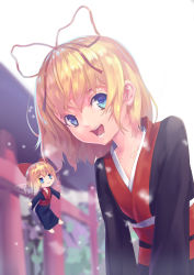 Rule 34 | 2girls, :&gt;, :d, absurdres, alternate breast size, alternate costume, blonde hair, blue eyes, bow, doll, fairy wings, flat chest, highres, japanese clothes, kimono, looking at viewer, medicine melancholy, multiple girls, open mouth, phantasmagoria of flower view, plant, red bow, red ribbon, ribbon, ruochongsang, short hair, size difference, smile, su-san, teeth, touhou, wavy hair, wings