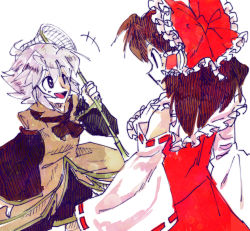 Rule 34 | 1girl, 1other, androgynous, bow, brown coat, brown hair, butterfly net, coat, crossover, detached sleeves, eye contact, hair bow, hair tubes, hakurei reimu, hand net, houlen yabusame, len&#039;en, long hair, looking at another, open mouth, short hair, short hair with long locks, shorts, grey eyes, silver hair, smile, touhou, trait connection, unibazooka