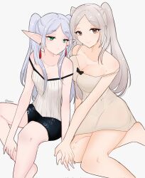 Rule 34 | 2girls, bare shoulders, black shorts, breasts, brown eyes, cleavage, cosplay, costume switch, drop earrings, earrings, eyes of grima, fire emblem, fire emblem awakening, frieren, green eyes, grey hair, highres, holding hands, jewelry, large breasts, long hair, multiple girls, nightgown, nintendo, parted bangs, robin (female) (fire emblem), robin (fire emblem), serafineart1001, shorts, simple background, small breasts, smile, sousou no frieren, strap slip, trait connection, twintails, twitter username, white background, white hair, white nightgown