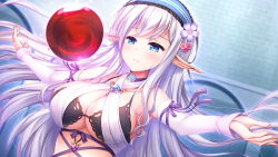 Rule 34 | 1girl, black bra, blue eyes, blue headband, blurry, blurry background, blush, bra, breasts, choker, cleavage, closed mouth, collarbone, criss-cross halter, detached sleeves, floating hair, flower, frilled hairband, frills, frown, game cg, hair flower, hair ornament, hairband, halterneck, headband, highres, juliet gilbert, ko~cha, large breasts, long hair, long sleeves, outstretched arms, pointy ears, purple choker, purple ribbon, ribbon, sideboob, silver hair, solo, striped clothes, striped hairband, underboob, underwear, upper body, very long hair, white flower, white sleeves, yuukyuu no campanella