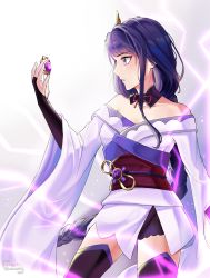 Rule 34 | 1girl, absurdres, bare shoulders, braid, breasts, bridal gauntlets, cleavage, closed mouth, commentary, electricity, english commentary, genshin impact, hair ornament, highres, holding, japanese clothes, kimono, large breasts, long hair, long sleeves, purple eyes, purple hair, raiden shogun, ribbon, saihachi06, sash, solo, vision (genshin impact), wide sleeves