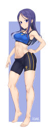 Rule 34 | 1girl, absurdres, alice gear aegis, aomoro, armpits, barefoot, bike shorts, black shorts, blue background, blue sports bra, blush, border, breasts, collarbone, feet, forehead, hand on own hip, highres, legs, long hair, looking at viewer, medium breasts, midriff, muscular, muscular female, navel, nikitou kanade, parted bangs, purple eyes, purple hair, shiny skin, shorts, sidelocks, signature, solo, sports bra, stomach, thighs, toes, white border