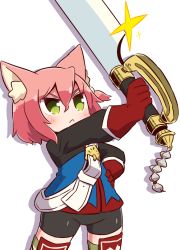 Rule 34 | 1girl, 7th dragon, 7th dragon (series), animal ear fluff, animal ears, belt, belt buckle, black shorts, blue jacket, blush, buckle, cat ears, chibi, closed mouth, commentary request, cowboy shot, fighter (7th dragon), glint, gloves, green thighhighs, hair between eyes, hand on own hip, harukara (7th dragon), highres, holding, holding sword, holding weapon, jacket, long sleeves, looking away, naga u, outstretched arm, pink hair, red gloves, shadow, short shorts, shorts, solo, sword, thighhighs, v-shaped eyebrows, weapon, white background, white belt
