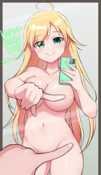 Rule 34 | 1girl, ahoge, blonde hair, breasts, cellphone, closed mouth, covering crotch, covering nipples, covering privates, dated, eyes visible through hair, female pov, full-length mirror, green eyes, grey background, groin, happy birthday, highres, holding, holding phone, hoshii miki, idolmaster, idolmaster (classic), konboi-eg, large breasts, long hair, looking at viewer, meme, mirror, navel, nude, one finger selfie challenge (meme), phone, pov, reflection, selfie, smile, solo, standing, thighs