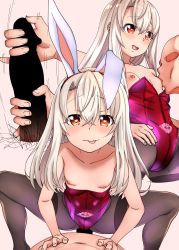 Rule 34 | 1boy, 1girl, animal ears, bare shoulders, blank censor, blush, breast sucking, breasts, brown pantyhose, censored, clothed female nude male, clothed sex, collarbone, cowgirl position, erection, fake animal ears, fate/kaleid liner prisma illya, fate (series), girl on top, hair between eyes, handjob, hetero, highleg, highleg leotard, highres, illyasviel von einzbern, leaning forward, leotard, long hair, looking at viewer, multiple views, nipples, nude, okina ika, open mouth, pantyhose, penis, playboy bunny, rabbit ears, red eyes, red leotard, sex, sidelocks, small breasts, smile, spread legs, squatting cowgirl position, stomach tattoo, straddling, tattoo, through clothes, tongue, tongue out, vaginal, white hair