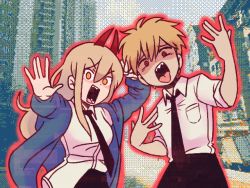 Rule 34 | 1boy, 1girl, black necktie, blonde hair, blue jacket, chainsaw man, city, collared shirt, denji (chainsaw man), horns, jacket, long hair, necktie, omori, open mouth, orange eyes, osulan, outline, outstretched arm, parody, pixelated, power (chainsaw man), red hair, red horns, red outline, sharp teeth, shirt, shirt partially tucked in, short hair, spiked hair, style parody, teeth, tongue, tongue out, white shirt