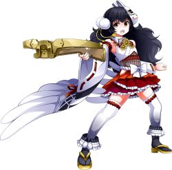 Rule 34 | 1girl, artist request, black hair, bowgun, detached sleeves, fox mask, full body, holding, holding weapon, long hair, mask, mask on head, official art, open mouth, oshiro project:re, oshiro project:re, pleated skirt, red skirt, sanbonmatsu (oshiro project), skirt, solo, thighhighs, transparent background, very long hair, wavy hair, weapon, yellow eyes