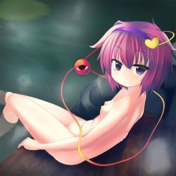 Rule 34 | 1girl, bad id, bad pixiv id, breasts, dutch angle, eila yagyu, hairband, heart, highres, komeiji satori, looking at viewer, navel, nipples, nude, onsen, open mouth, pink hair, purple eyes, short hair, sitting, small breasts, soaking feet, solo, spine, third eye, touhou, water