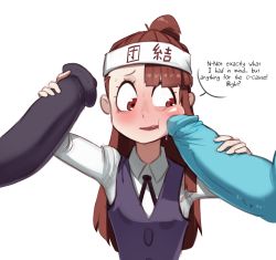 Rule 34 | 1girl, 2boys, ?, animal penis, arm up, blunt bangs, blush, brown eyes, brown hair, commission, english text, facejob, handjob, headband, highres, horse penis, huge penis, imminent fellatio, kagari atsuko, little witch academia, long hair, long sleeves, monster, multiple boys, open mouth, penis, penis awe, penis on face, polyle, ponytail, precum, school uniform, simple background, solo focus, speech bubble, sweat, uncensored, upper body, white background, wide-eyed