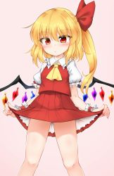 Rule 34 | 1girl, ascot, blonde hair, blush, bow, closed mouth, collar, collared shirt, crystal, eyes visible through hair, flandre scarlet, hair between eyes, hair bow, highres, jewelry, looking down, marukyuu ameya, multicolored wings, nail polish, no headwear, one side up, pink background, pink nails, puffy short sleeves, puffy sleeves, red bow, red eyes, red skirt, red vest, shirt, short hair, short sleeves, simple background, skirt, solo, standing, thighs, touhou, vest, white shirt, white sleeves, wings, wrist cuffs, yellow ascot