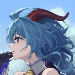 Rule 34 | 1girl, ahoge, bell, black gloves, blue hair, blue sky, from side, ganyu (genshin impact), genshin impact, gloves, goat horns, hand to own mouth, horns, kiou, long hair, looking ahead, neck bell, parted lips, portrait, purple eyes, sky, solo